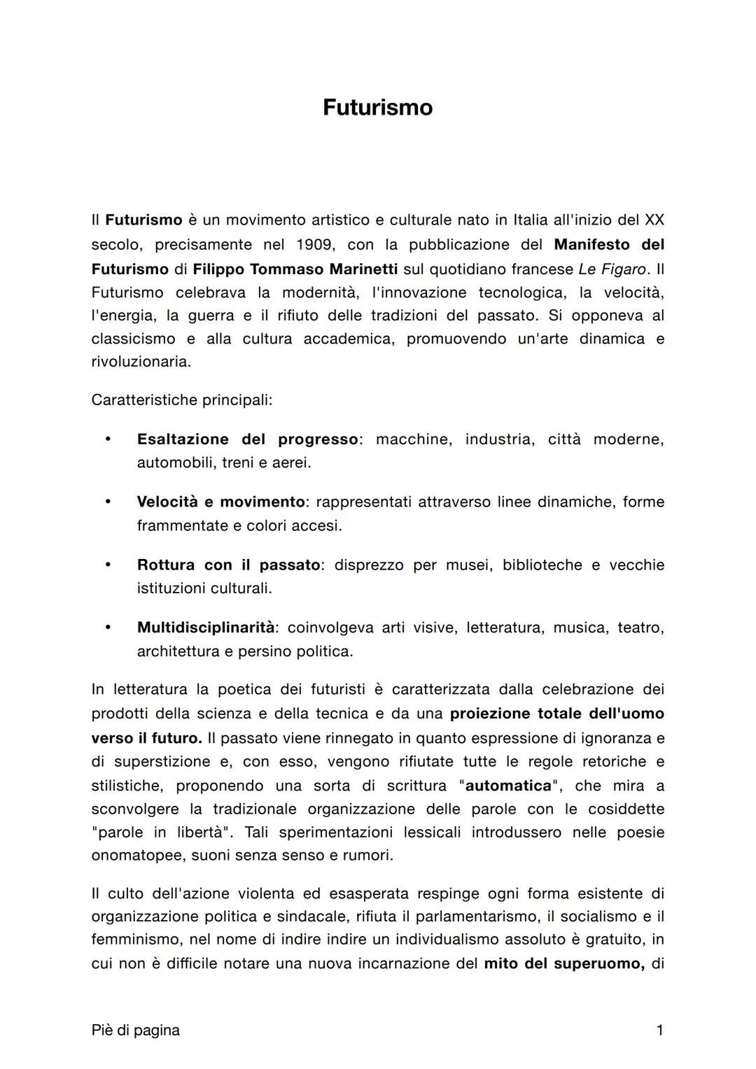 # Futurismo

Il Futurismo è un movimento artistico e culturale nato in Italia all'inizio del XX
secolo, precisamente nel 1909, con la pubbli