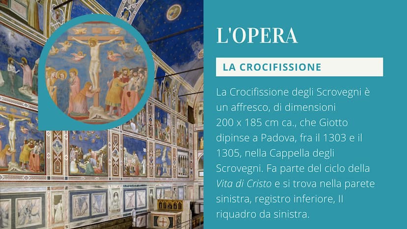 
<h2 id="descrizionedellopera">Descrizione dell'opera</h2>
<p>La Crocifissione degli Scrovegni è un affresco di dimensioni 200 x 185 cm, dip