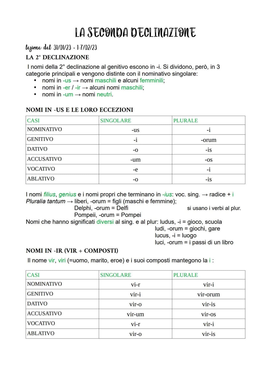 lezione del 31/01/23 - 1-7/02/23
LA 2° DECLINAZIONE
I nomi della 2° declinazione al genitivo escono in -i. Si dividono, però, in 3
categorie