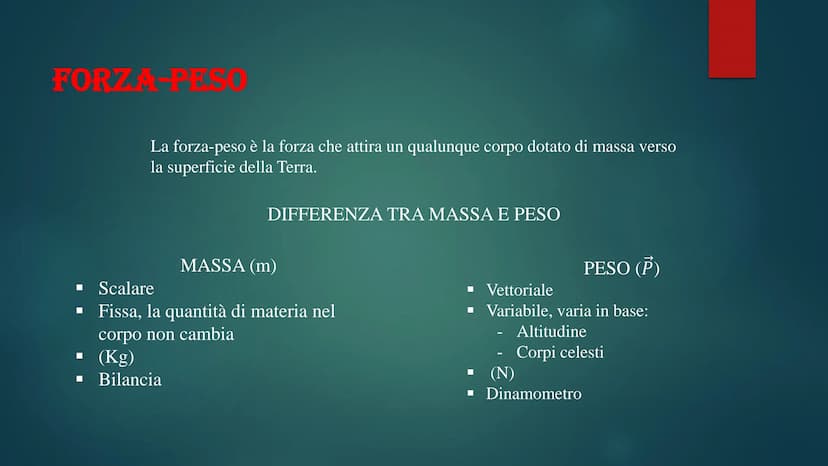  FORZA-PEST
La forza-peso è la forza che attira un qualunque corpo dotato di massa verso
la superficie della Terra.
■
DIFFERENZA TRA MASSA E