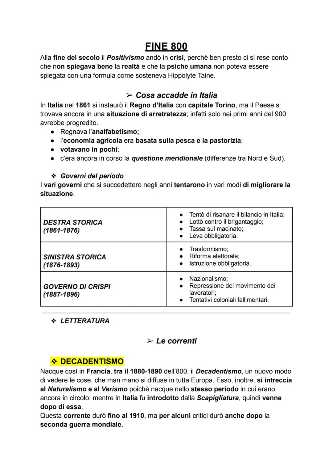 FINE 800
Alla fine del secolo il Positivismo andò in crisi, perchè ben presto ci si rese conto
che non spiegava bene la realtà e che la psic