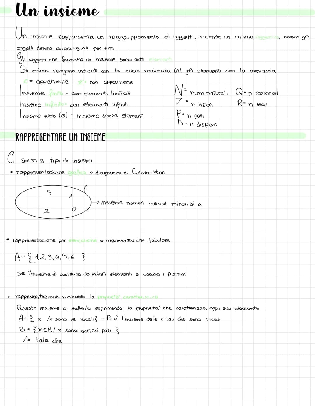 Un insieme
Un
insieme rappresenta un raggruppamento di oggetti, secondo un criteno oggettivo, owero ge
oggetti devono essere uguali per tutt
