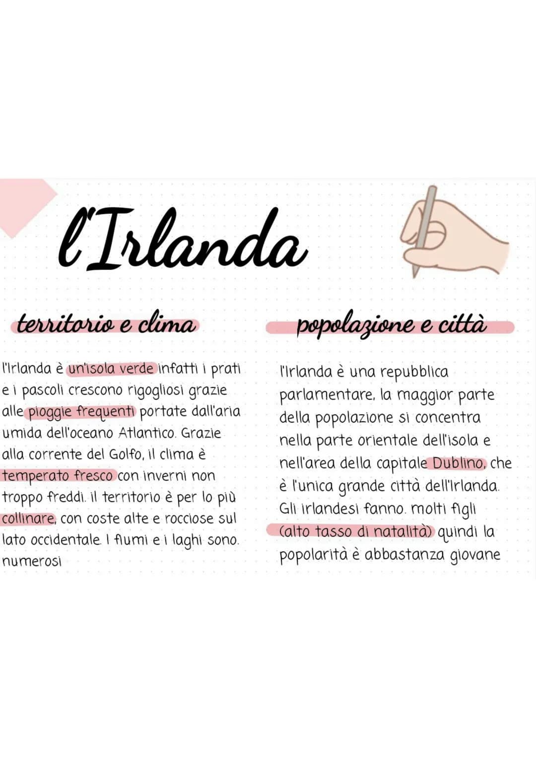 Irlanda
territorio e clima
l'Irlanda è un'isola verde infatti i prati
ei pascoli crescono rigogliosi grazie
alle pioggie frequenti portate d