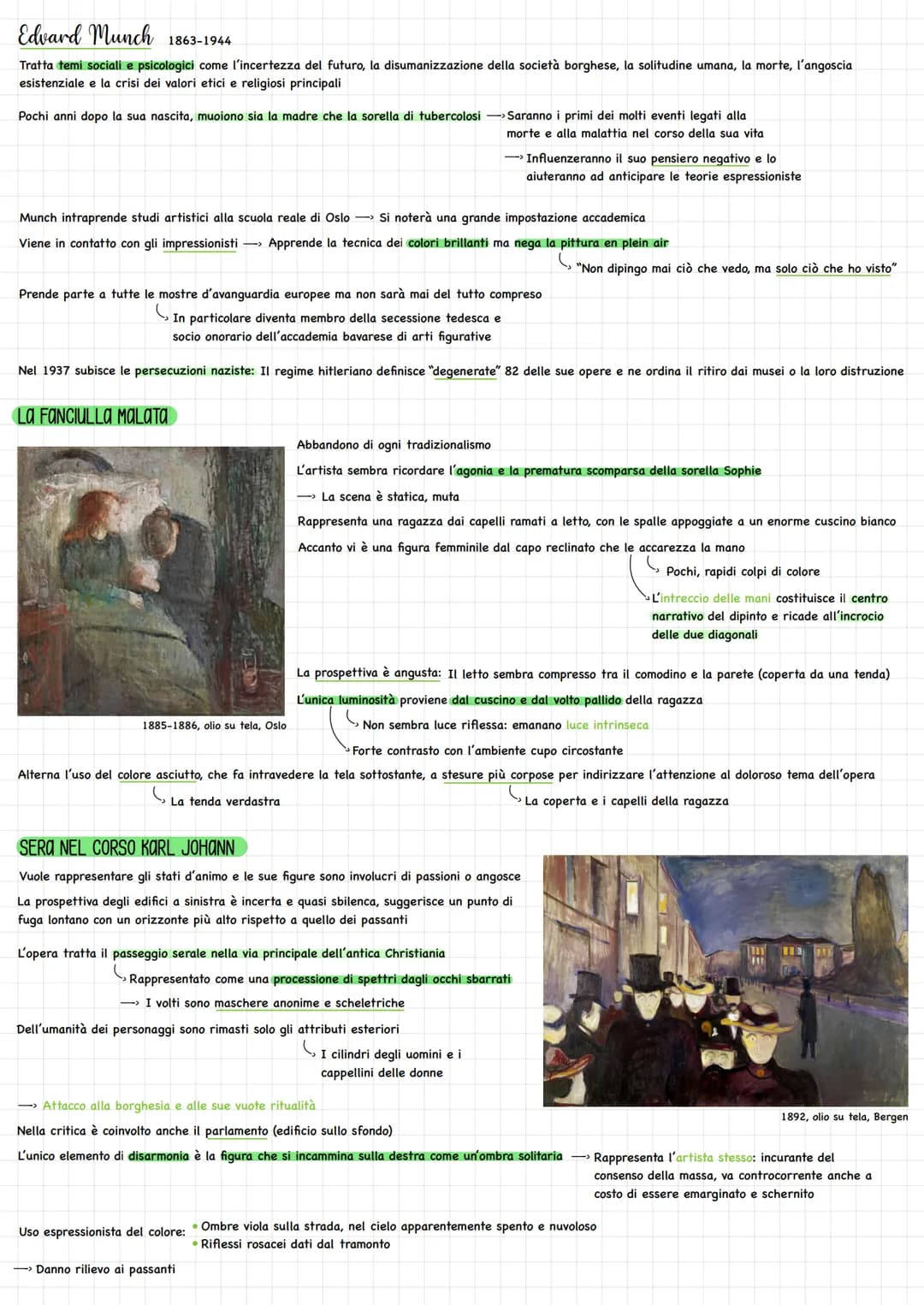 Edvard Munch 1863-1944
Tratta temi sociali e psicologici come l'incertezza del futuro, la disumanizzazione della società borghese, la solitu