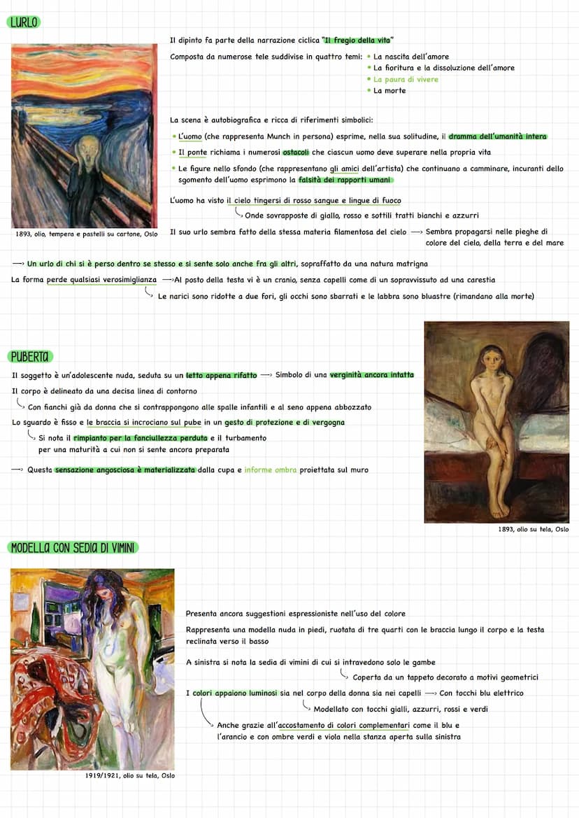 Edvard Munch 1863-1944
Tratta temi sociali e psicologici come l'incertezza del futuro, la disumanizzazione della società borghese, la solitu