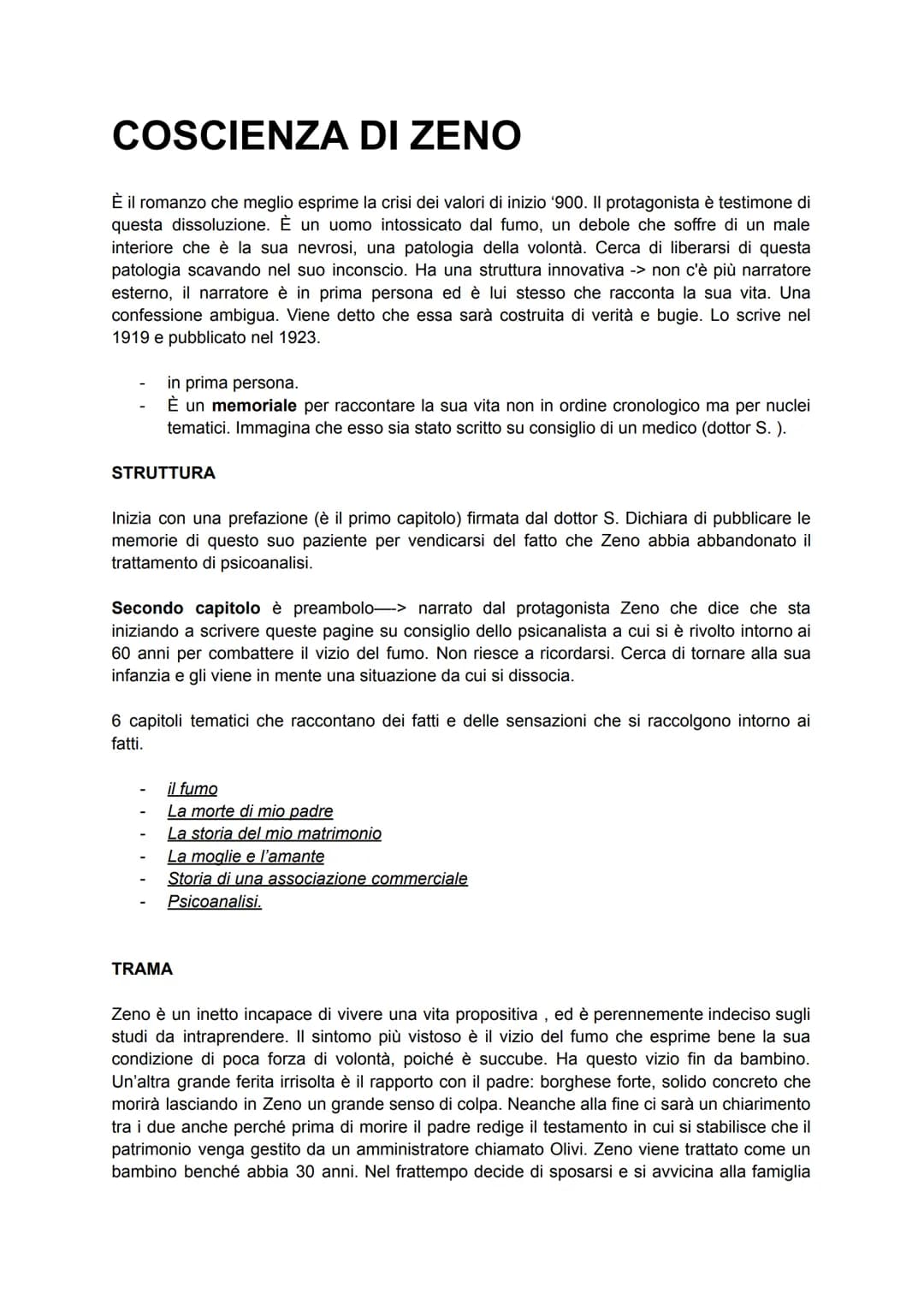 COSCIENZA DI ZENO
È il romanzo che meglio esprime la crisi dei valori di inizio '900. Il protagonista è testimone di
questa dissoluzione. È 