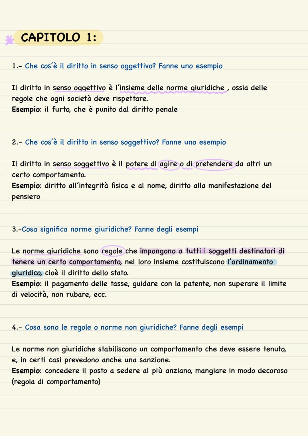 DIRITTO ED
ECONOMIA CAPITOLO 1:
1.- Che cos'è il diritto in senso oggettivo? Fanne uno esempio
Il diritto in senso oggettivo è l'insieme del
