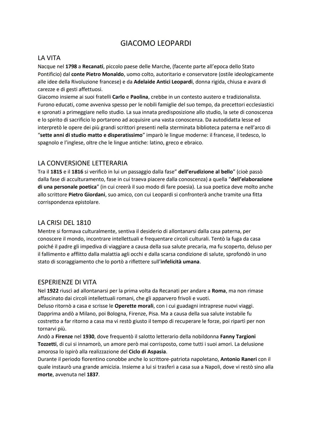 # GIACOMO LEOPARDI

LA VITA

Nacque nel 1798 a Recanati, piccolo paese delle Marche, (facente parte all'epoca dello Stato
Pontificio) dal co