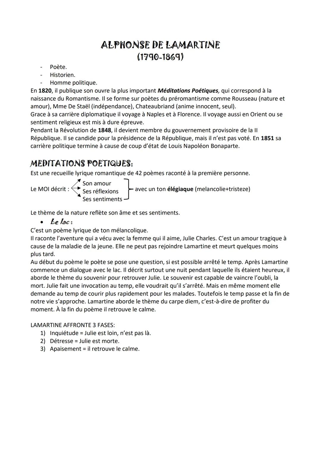 ALPHONSE DE LAMARTINE
(1790-1869)
Poète.
Historien.
Homme politique.
En 1820, il publique son ouvre la plus important Méditations Poétiques,