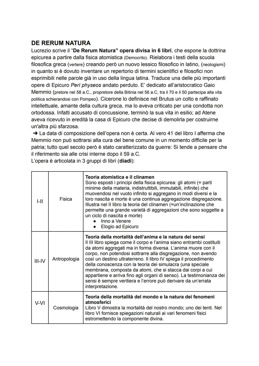 LUCREZIO
VITA
Le notizie biografiche e cronologiche su Tito Lucrezio Caro sono molto controverse
e scarse. Le testimonianze più importanti l