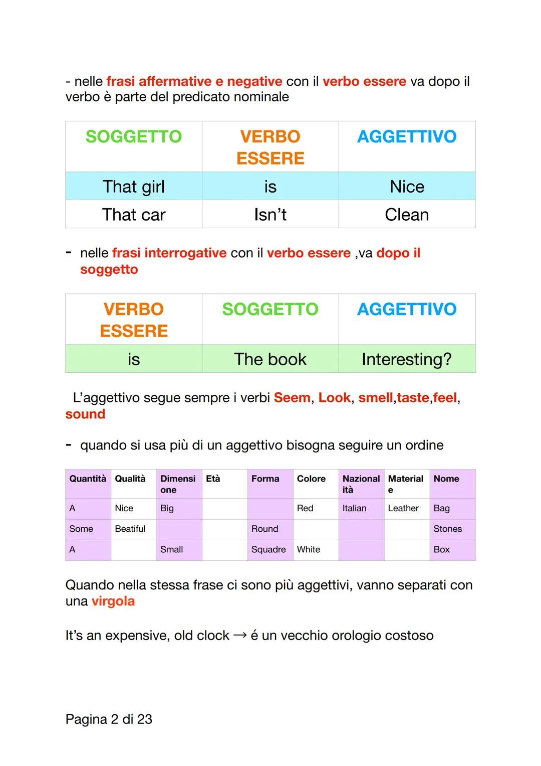 Aggettvi
Aggettivi sono parole che descrivono e modificano nomi di
persone cose
Vanno sempre prima del nome in inglese e sono invariabili
Si