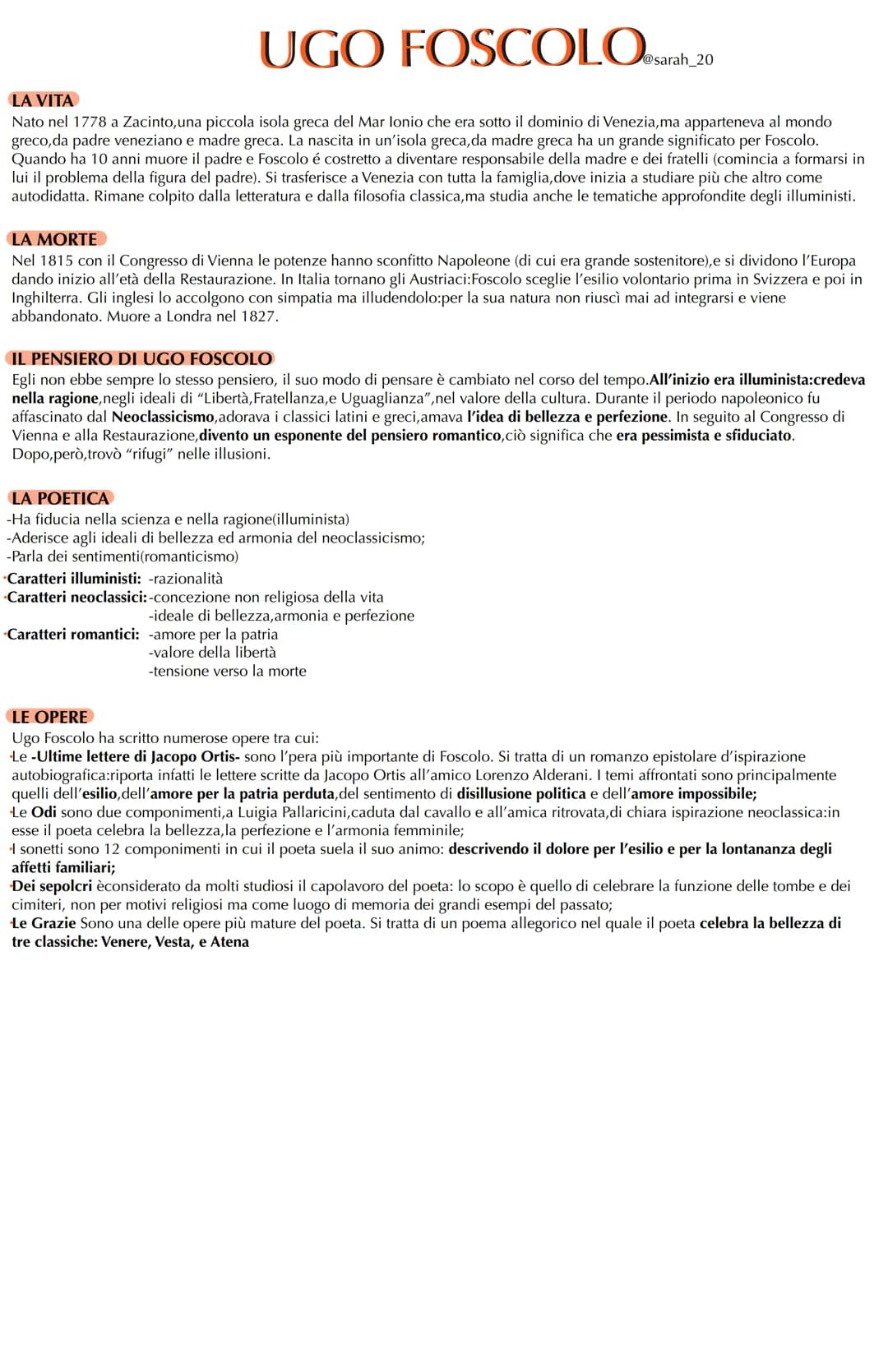 UGO FOSCOLO sarah
@sarah_20
LA VITA
Nato nel 1778 a Zacinto, una piccola isola greca del Mar lonio che era sotto il dominio di Venezia, ma a