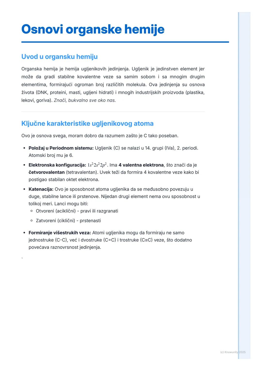 # Osnovi organske hemije

## Uvod u organsku hemiju

Organska hemija je hemija ugljenikovih jedinjenja. Ugljenik je jedinstven element jer
m