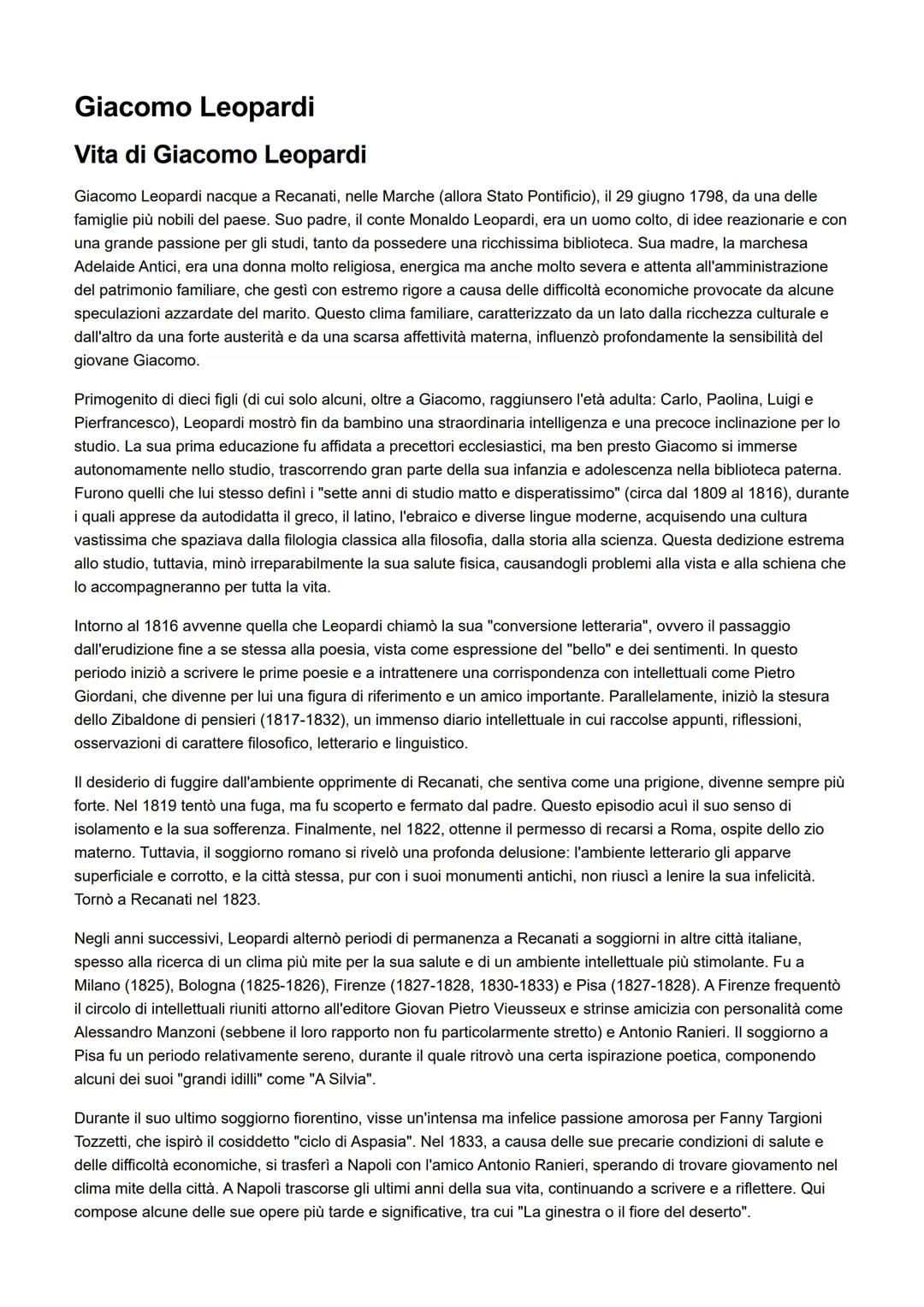 # Giacomo Leopardi

# Vita di Giacomo Leopardi

Giacomo Leopardi nacque a Recanati, nelle Marche (allora Stato Pontificio), il 29 giugno 179