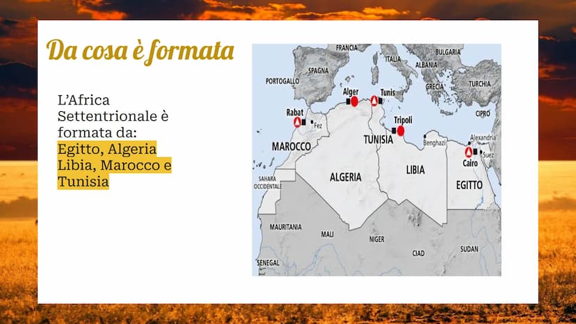 Africa
settentrionale Da cosa è formata
L'Africa
Settentrionale è
formata da:
Egitto, Algeria
Libia, Marocco e
Tunisia
PORTOGALLO
SAHARA
OCC