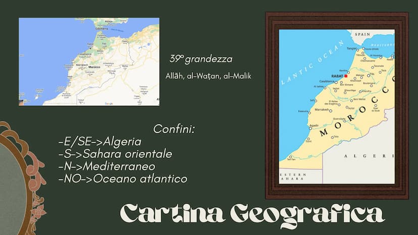 ☆
Marocco
Marta Scibetta 2lg
O
Presentazione Identikit
Superficie:446.550km²
Popolazione:37.123.402ab
Densità:74(47)
PIL:104,700 di $
Festa 