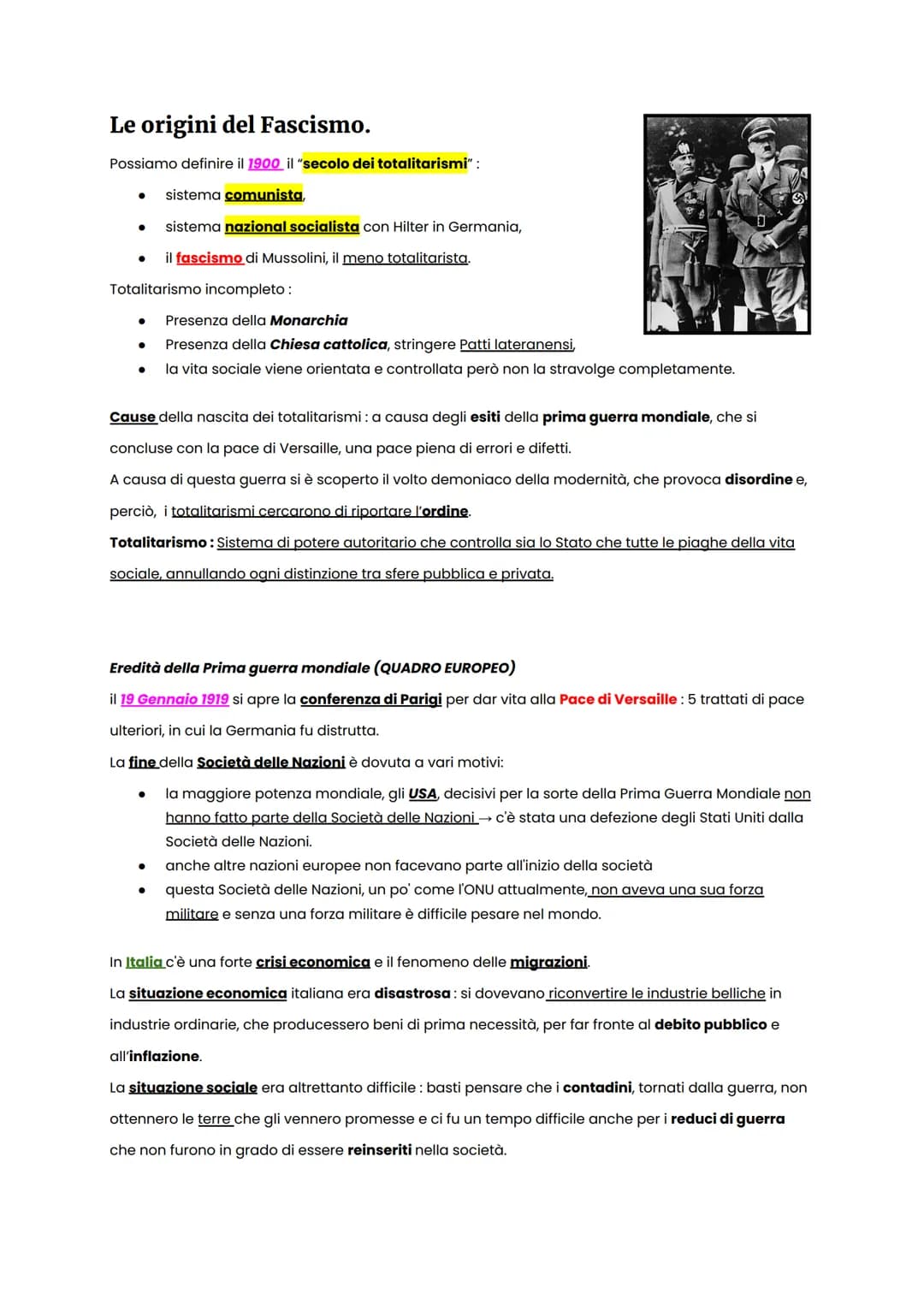 Le origini del Fascismo.
Possiamo definire il 1900 il "secolo dei totalitarismi":
sistema comunista,
● sistema nazional socialista con Hilte