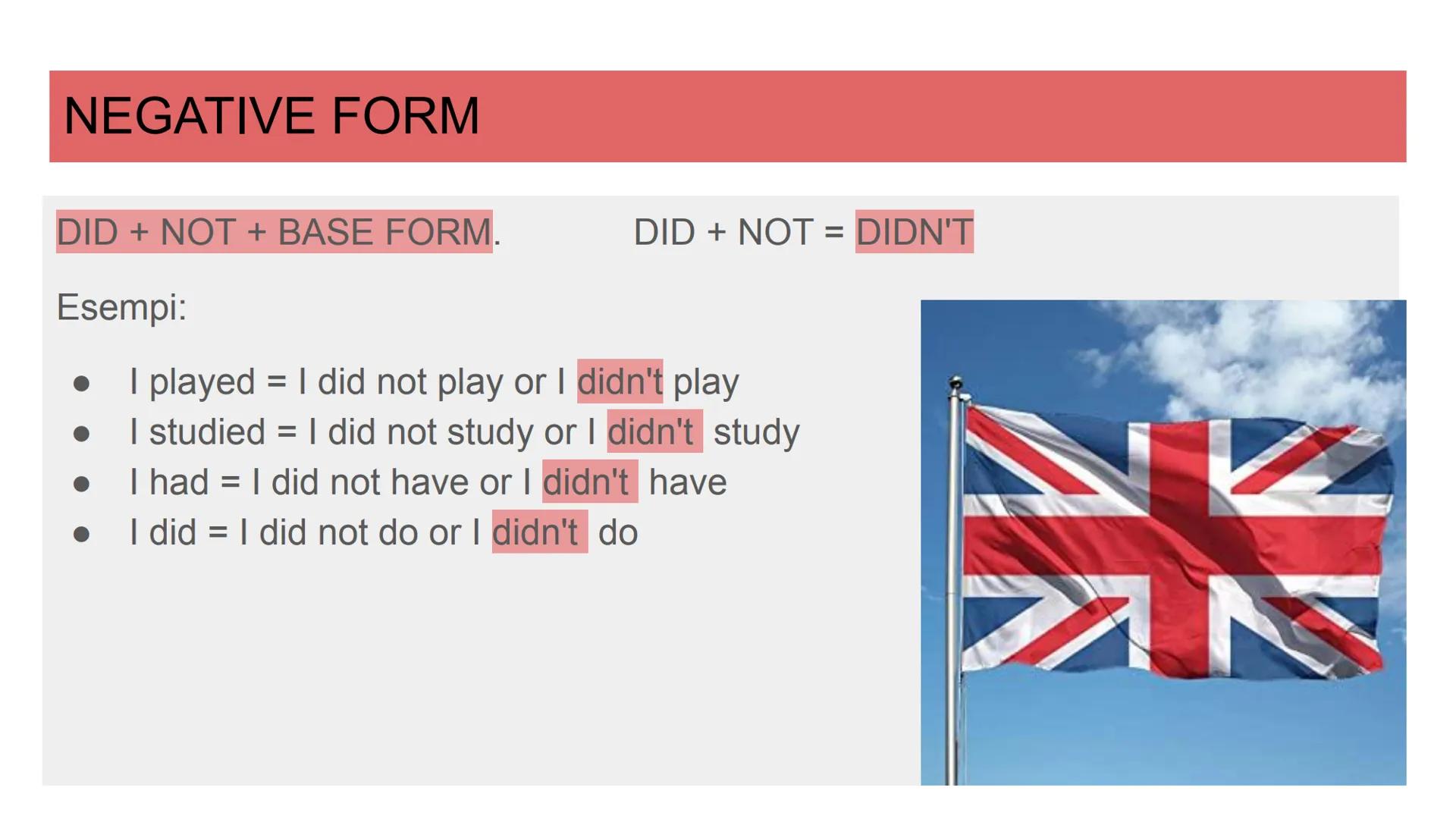 PAST SIMPLE
Le forme al passato in inglese BASE FORM / REGULAR VERBS
La forma base si forma aggiungendo ED o se la parola finisce per "e" al