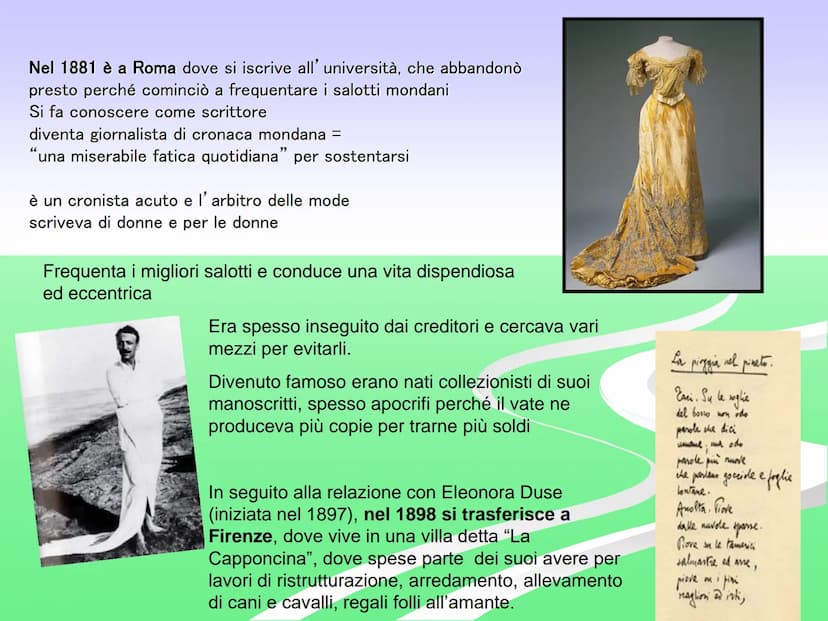 Gabriele
D'Annunzio
Gabriele d'Annunzio nasce a Pescara nel
1863, fu poeta, scrittore, combattente.
Personaggio imprevedibile, uomo di vizi 