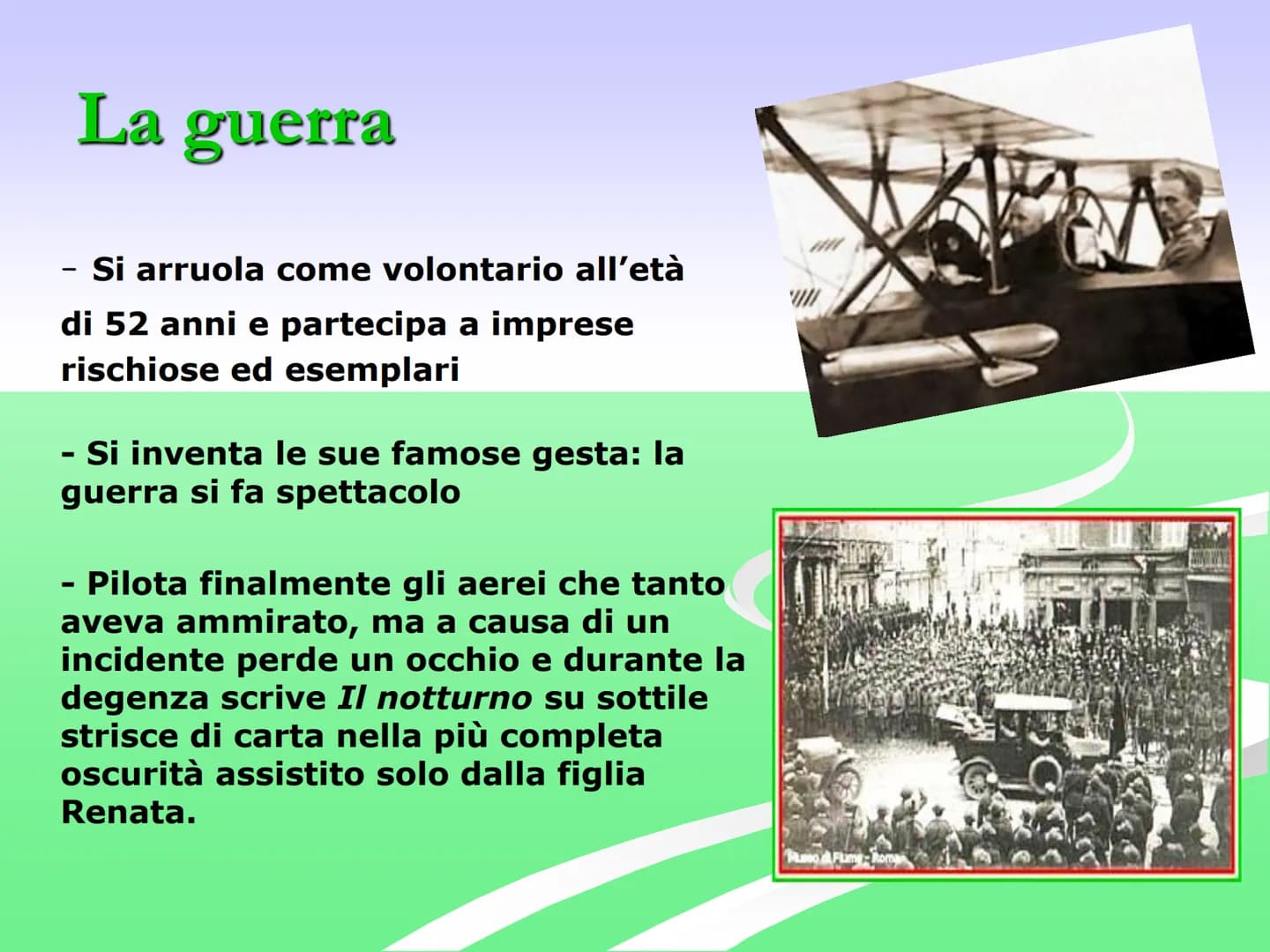 Gabriele
D'Annunzio
Gabriele d'Annunzio nasce a Pescara nel
1863, fu poeta, scrittore, combattente.
Personaggio imprevedibile, uomo di vizi 