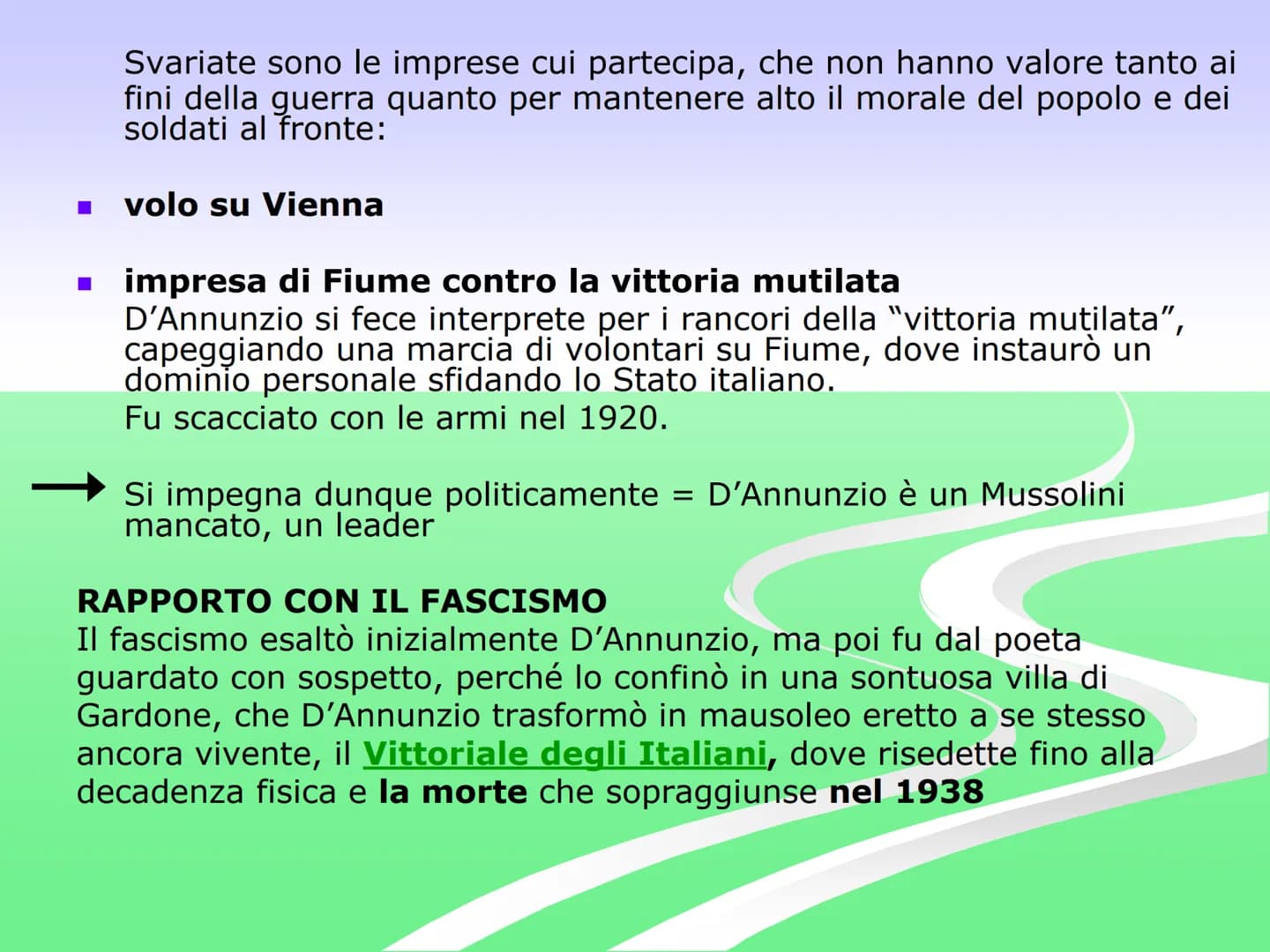 Gabriele
D'Annunzio
Gabriele d'Annunzio nasce a Pescara nel
1863, fu poeta, scrittore, combattente.
Personaggio imprevedibile, uomo di vizi 