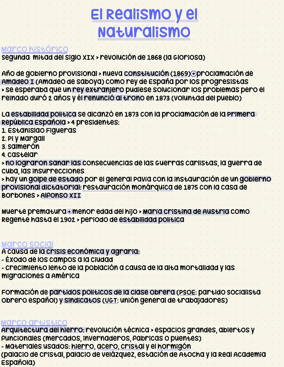  # El Realismo y el
Naturalismo
Marco histórico.
segunda mitad del siglo XIX > revolución de 1868 (la Gloriosa)
Año de gobierno provisional 