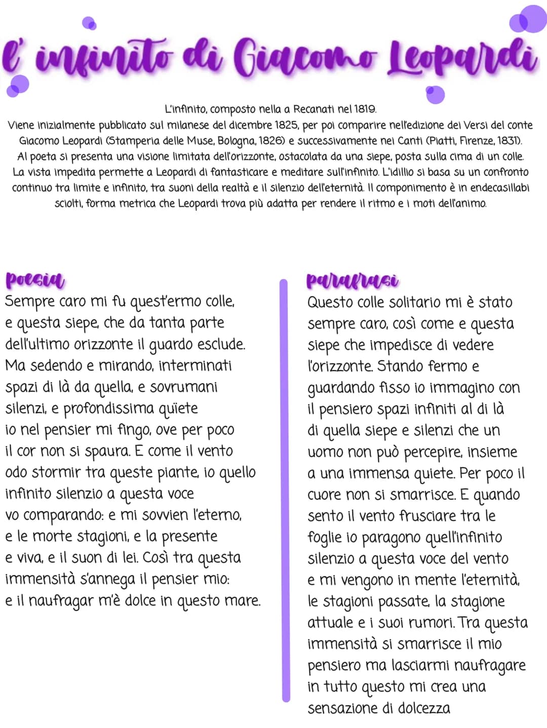 C'infinito di Giacomo Leopardi
L'infinito, composto nella a Recanati nel 1819.
Viene inizialmente pubblicato sul milanese del dicembre 1825,