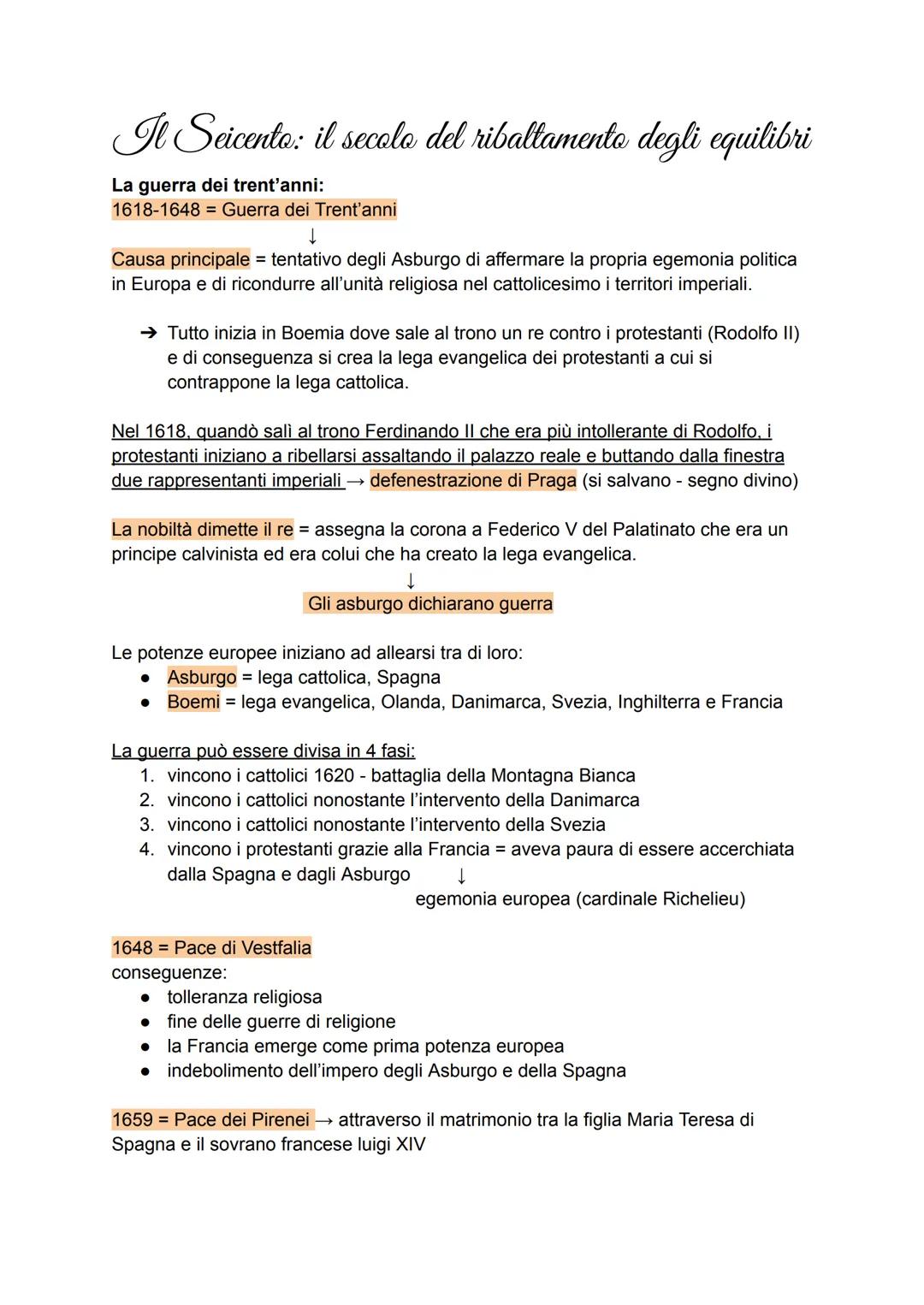 Il Seicento: il secolo del ribaltamento degli equilibri
La guerra dei trent'anni:
1618-1648 Guerra dei Trent'anni
↓
Causa principale = tenta