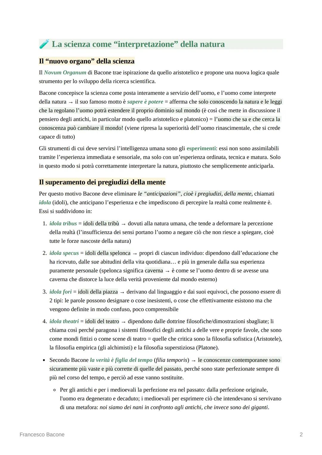 Francesco Bacone
I caratteri generali dell'opera di Bacone
Bacone è il primo a ritenere che l'obiettivo della scienza sia quello di imporre 