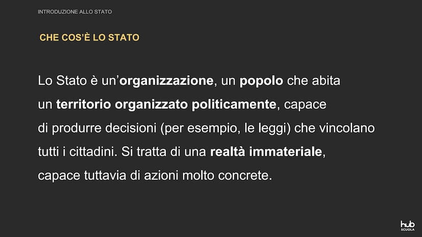 14
Lo Stato 오
Introduzione
allo Stato
hub
SCUOLA INTRODUZIONE ALLO STATO
CHE COS'È LO STATO
Lo Stato è un'organizzazione, un popolo che abit
