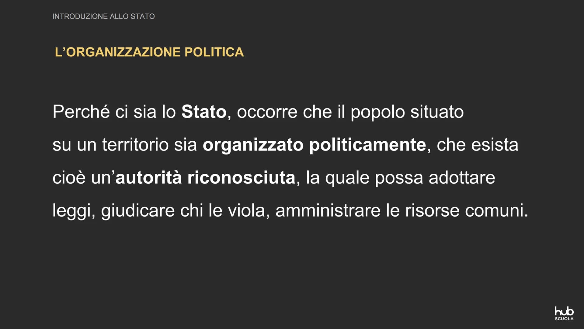 14
Lo Stato 오
Introduzione
allo Stato
hub
SCUOLA INTRODUZIONE ALLO STATO
CHE COS'È LO STATO
Lo Stato è un'organizzazione, un popolo che abit