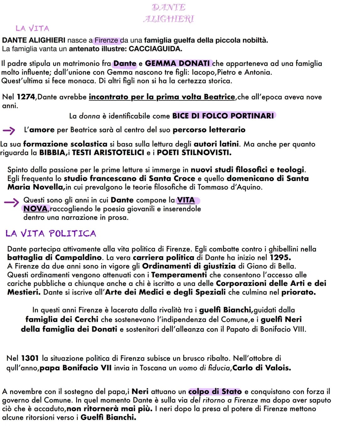  DANTE
ALIGHIERI
LA VITA
DANTE ALIGHIERI nasce a Firenze da una famiglia guelfa della piccola nobiltà.
La famiglia vanta un antenato illustr