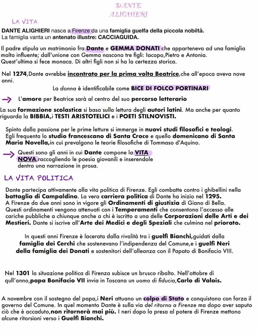  DANTE
ALIGHIERI
LA VITA
DANTE ALIGHIERI nasce a Firenze da una famiglia guelfa della piccola nobiltà.
La famiglia vanta un antenato illustr
