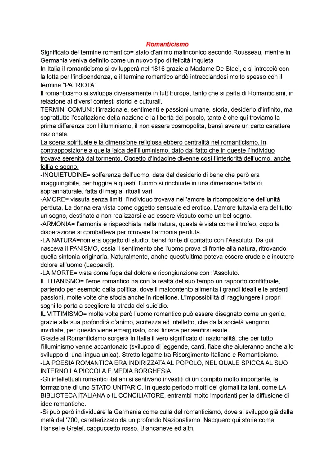 Romanticismo
Significato del termine romantico stato d'animo malinconico secondo Rousseau, mentre in
Germania veniva definito come un nuovo 