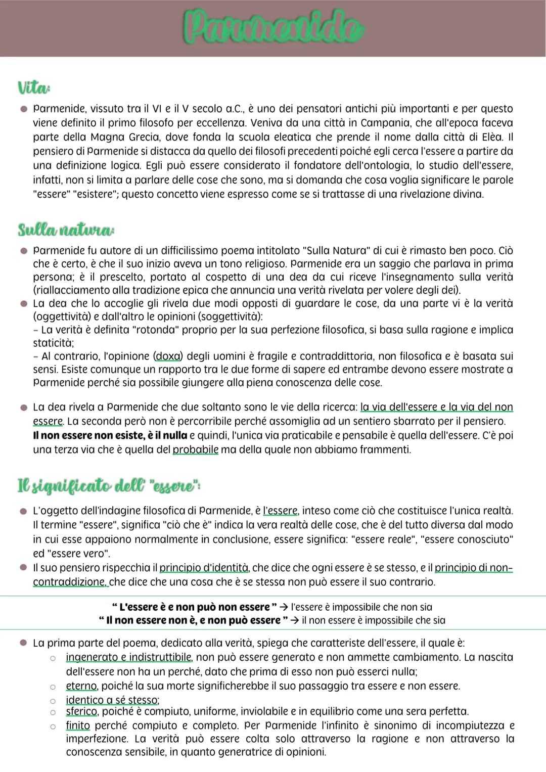 Vita
● Parmenide, vissuto tra il VI e il V secolo a.C., è uno dei pensatori antichi più importanti e per questo
viene definito il primo filo