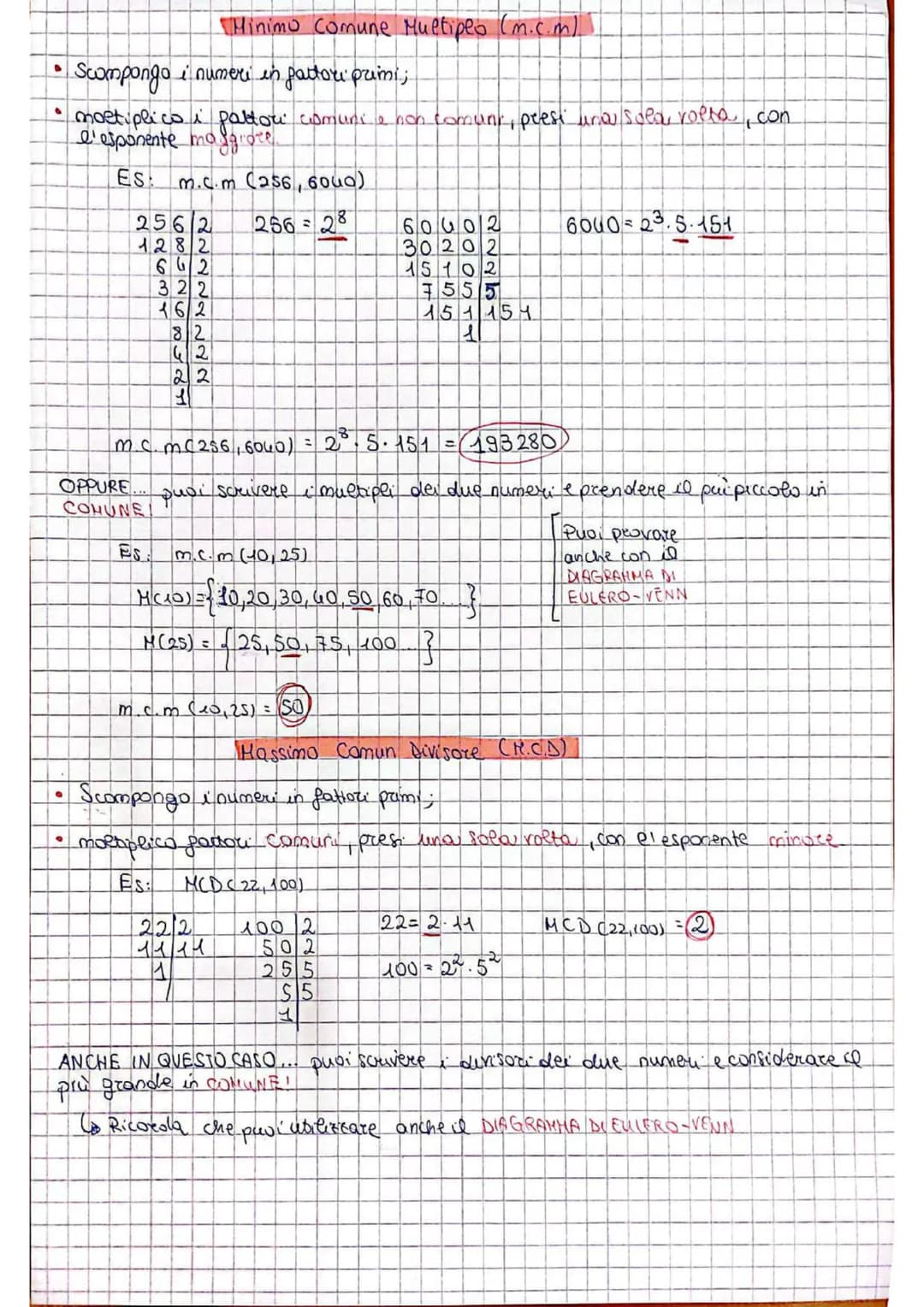 a
.
Scompongo i numeri in fattori primi;
moetiplico i paltor comuni e non comun, peesi una sola volta, con
l'esponente mosgroce
Es: m.c.m (2