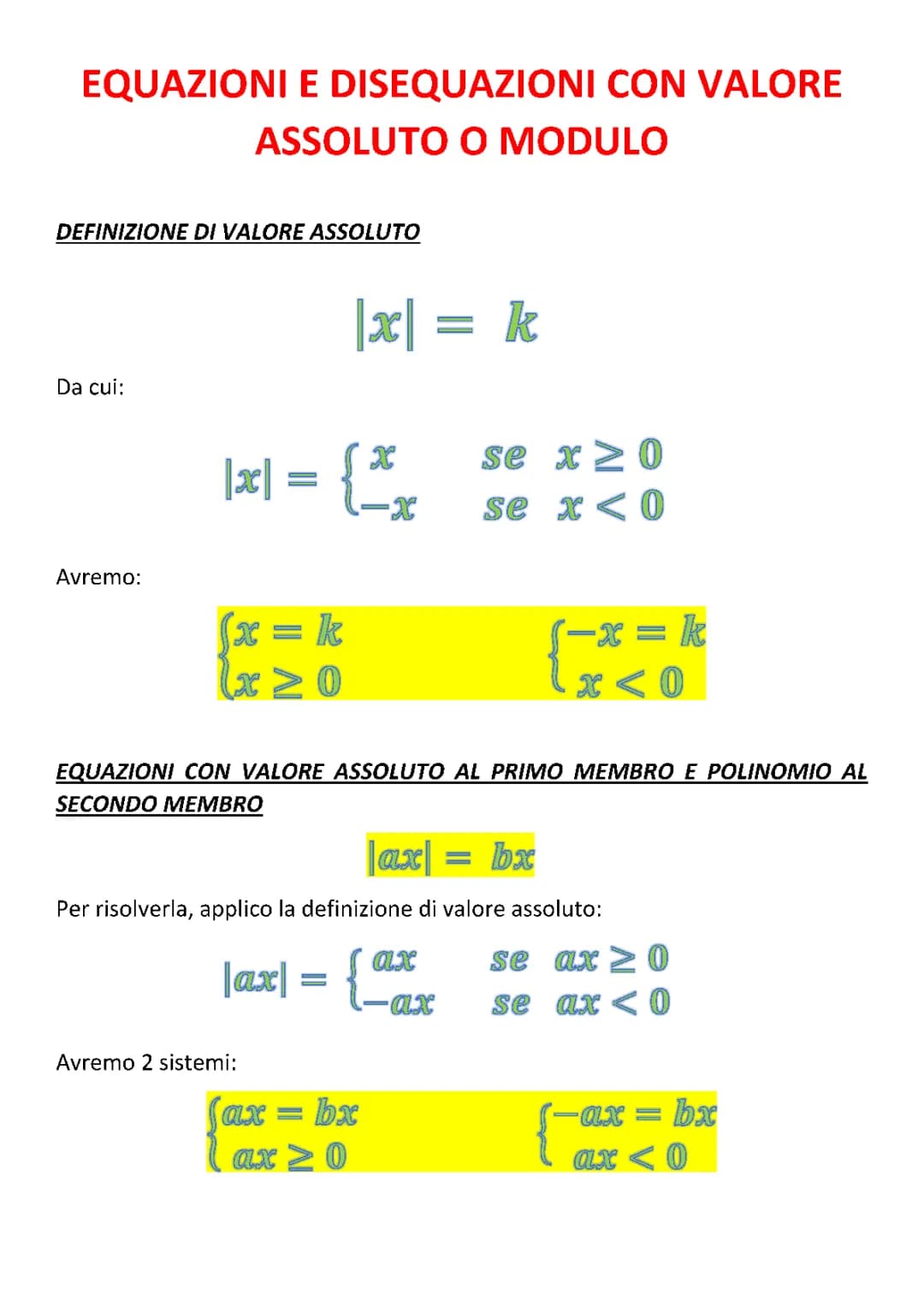 Equazioni e disequazioni con valore assoluto