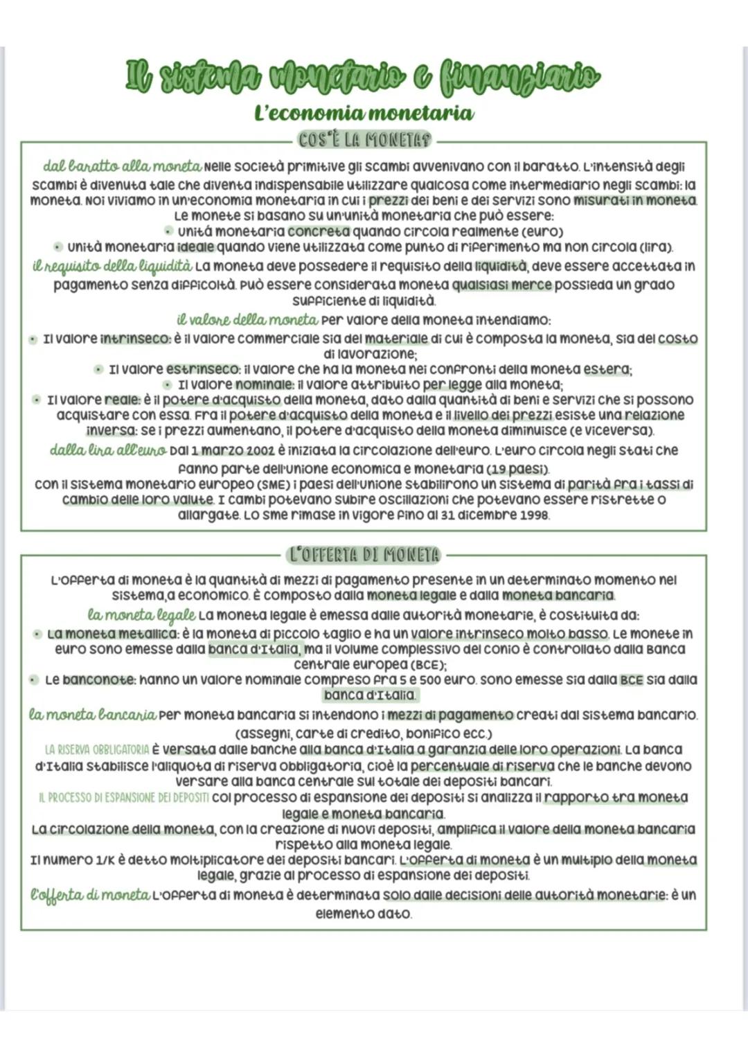  Il sistema monetario e finanziario (moneta, sistema bancario, inflazione)