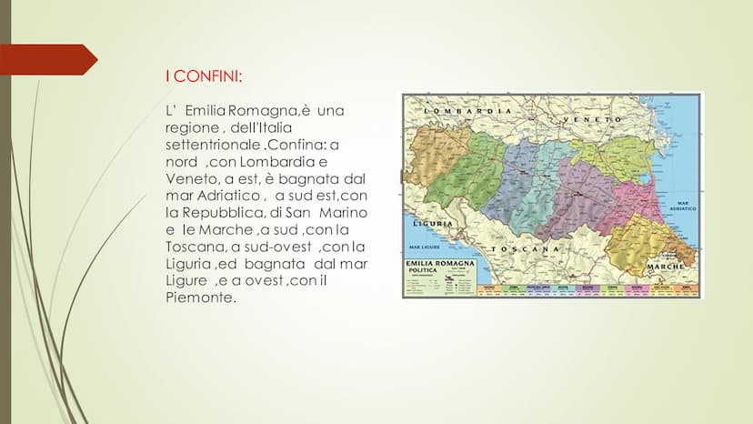 L' EMILIA ROMAGNA
-
Autore: Cimmino Alessio. I CONFINI:
L' Emilia Romagna, è una
regione, dell'Italia
settentrionale.Confina: a
nord ,con Lo