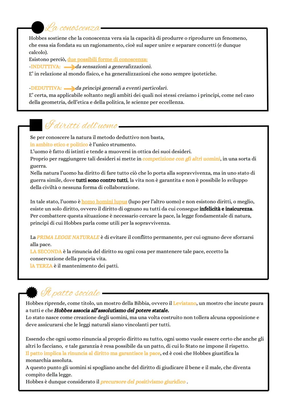 # Hobbes

E' un filosofo inglese del 600', ed è un deduttivista ma tentò di
mediare tra metodo deduttivo e metodo intuitivo.
La sua è una vi