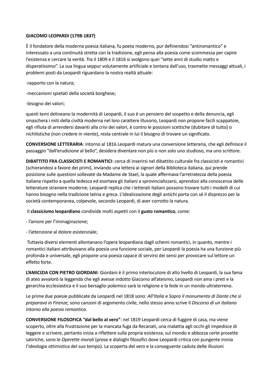 GIACOMO LEOPARDI (1798-1837)
È il fondatore della moderna poesia italiana, fu poeta moderno, pur definendosi "antiromantico" e
interessato a