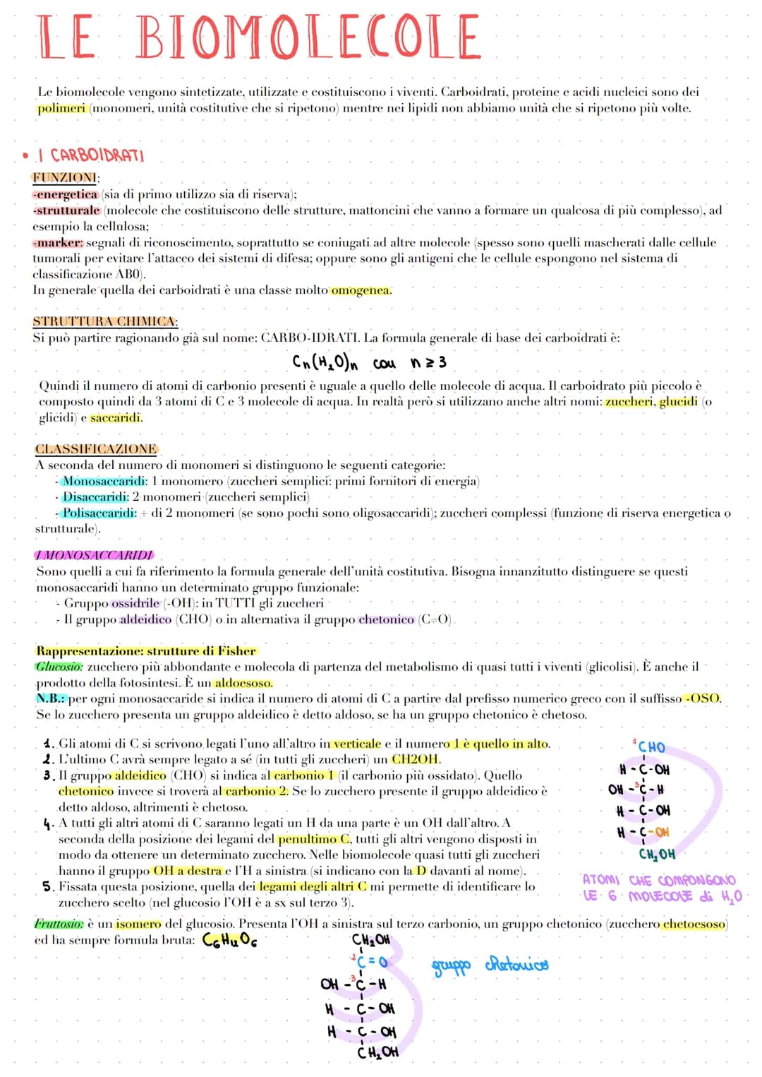 LE BIOMOLECOLE
Le biomolecole vengono sintetizzate, utilizzate e costituiscono i viventi. Carboidrati, proteine e acidi nucleici sono dei
po