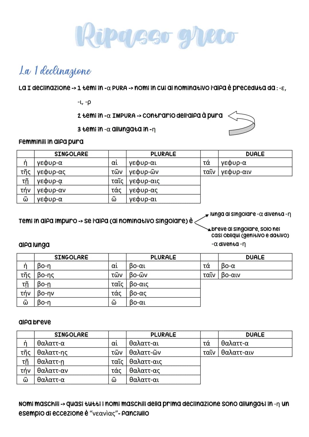 La 1 declinazione
La I declinazione -> 1 temi in -a PURA -> nomi in cui al nominativo l'alfa è preceduta da : -ɛ,
-1, Ρ
2 temi in -a IMPURA 
