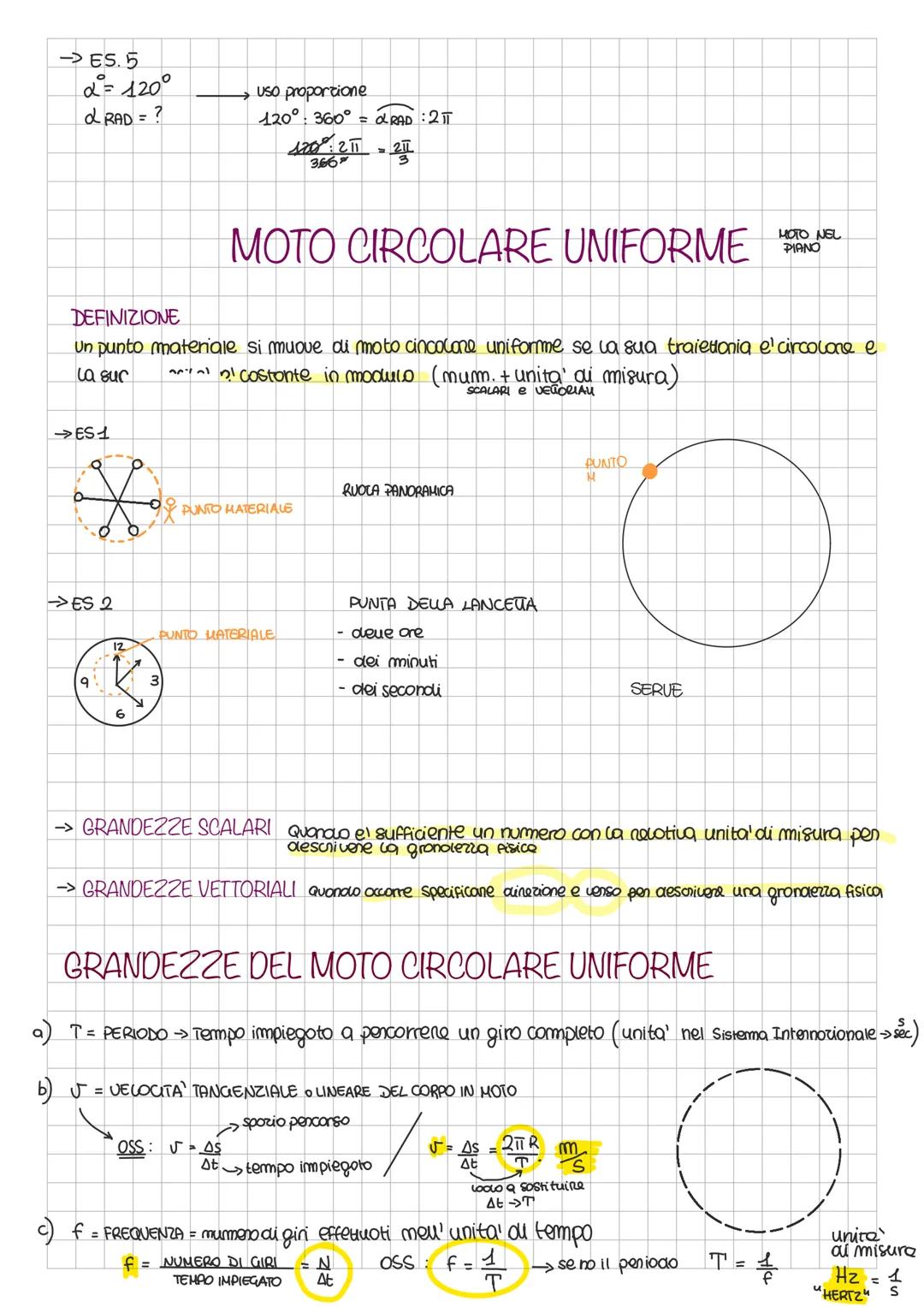 a
-ES.5
α= 120°
& RAD = ?
→ES1
MOTO CIRCOLARE UNIFORME
DEFINIZIONE
Un punto materiale si muove di moto cincolore uniforme se la sua traietto