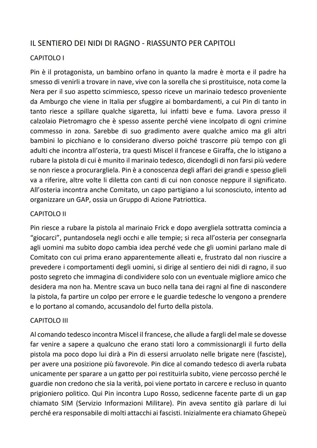 IL SENTIERO DEI NIDI DI RAGNO - RIASSUNTO PER CAPITOLI
CAPITOLO I
Pin è il protagonista, un bambino orfano in quanto la madre è morta e il p