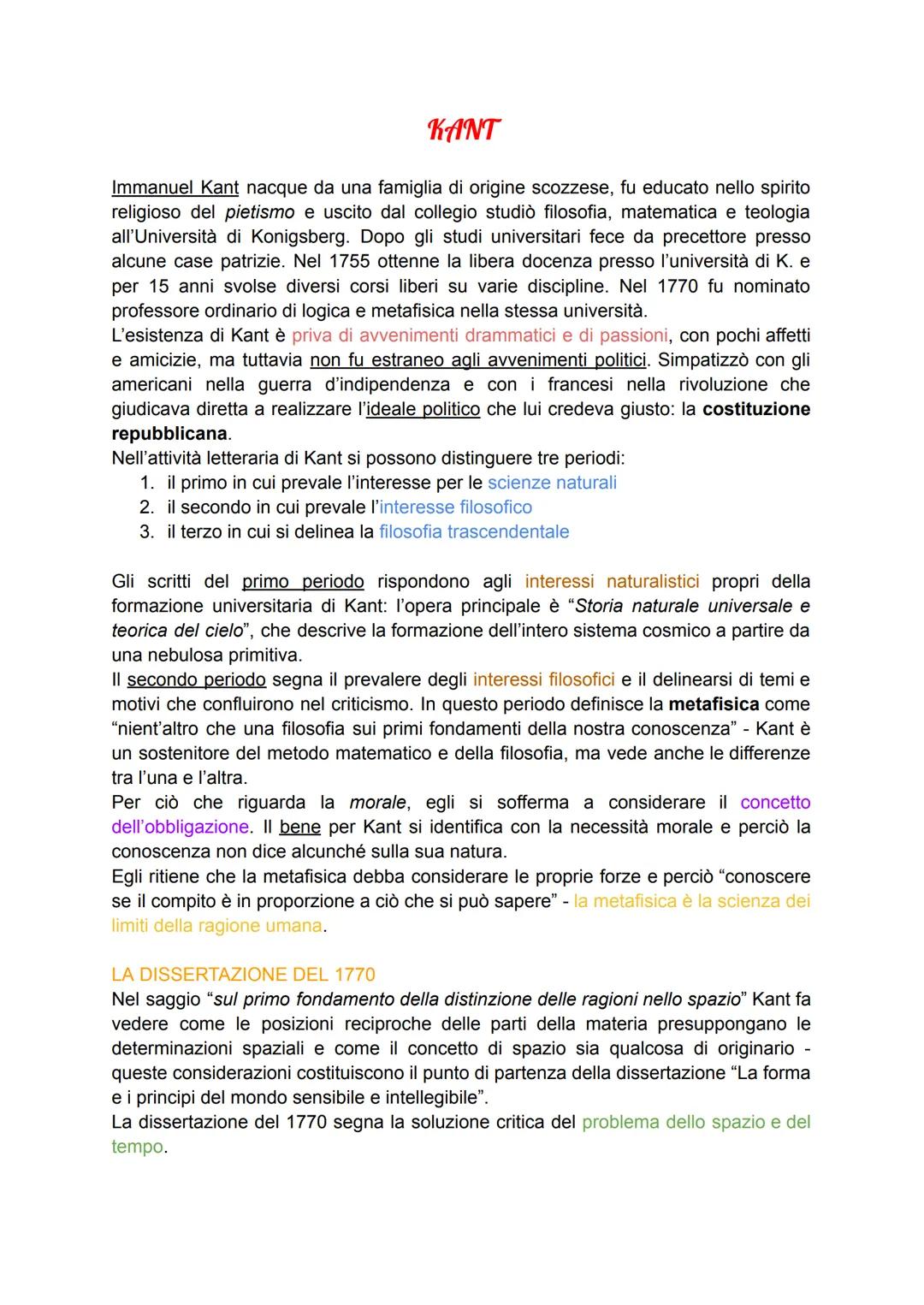 KANT
Immanuel Kant nacque da una famiglia di origine scozzese, fu educato nello spirito
religioso del pietismo e uscito dal collegio studiò 