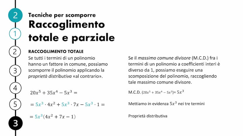 Scomposizione
di un polinomio INDICE
Polinomi riducibili e irriducibili
Tecniche per scomporre
Raccoglimento totale e parziale
Differenza di