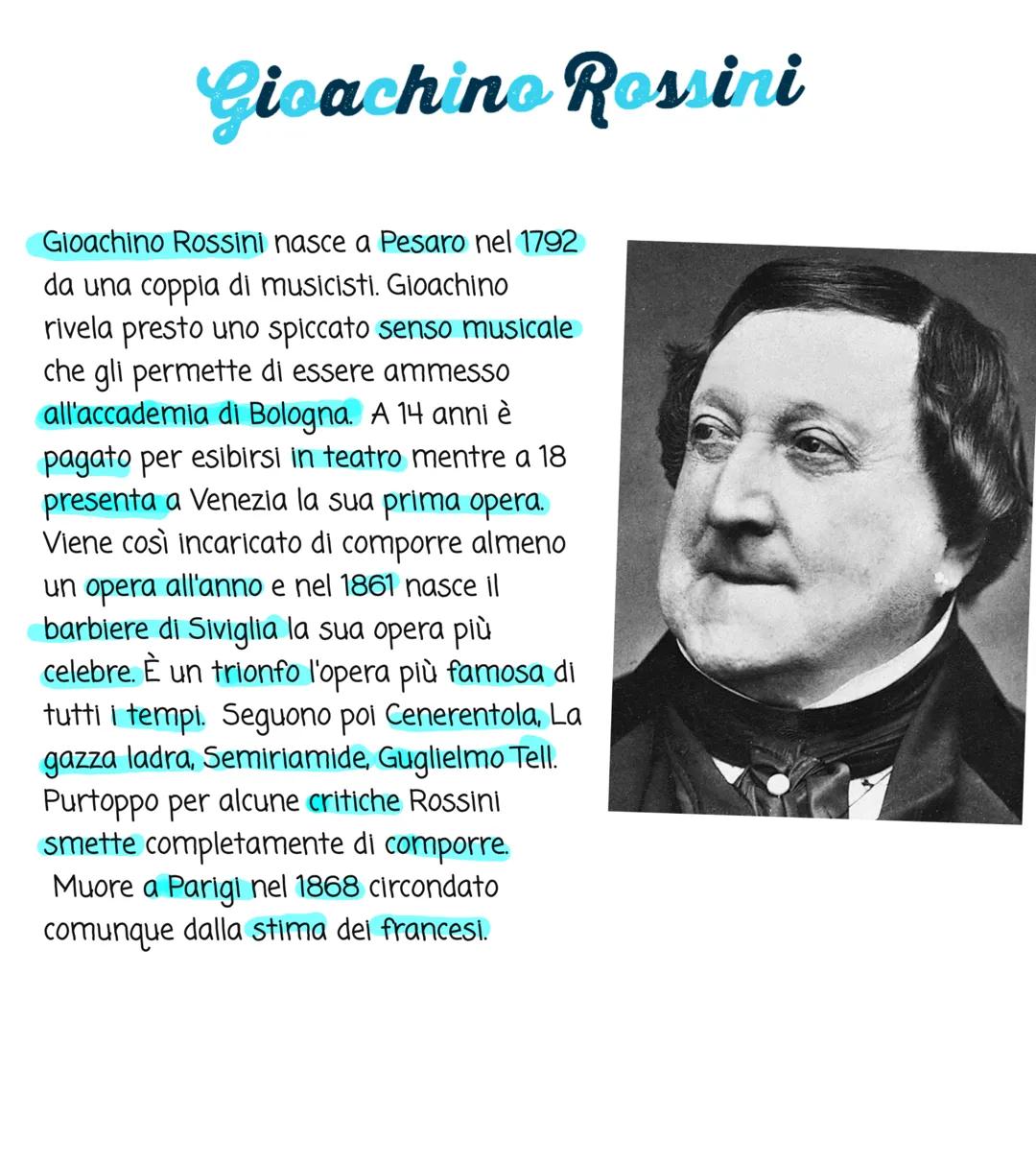 Gioachino Rossini
Gioachino Rossini nasce a Pesaro nel 1792
da una coppia di musicisti. Gioachino
rivela presto uno spiccato senso musicale
