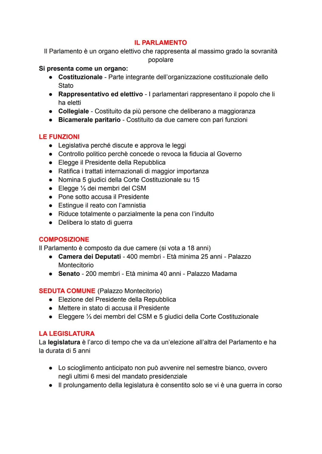 IL PARLAMENTO
Il Parlamento è un organo elettivo che rappresenta al massimo grado la sovranità
popolare
Si presenta come un organo:
● Costit