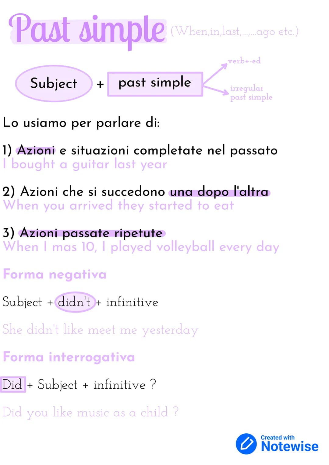 Past simple
(When,in,last_ago etc.)
Subject + past simple
verb+-ed
Lo usiamo per parlare di:
1) Azioni e situazioni completate nel passato
I